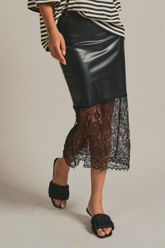 Faux Leather Lace Hem Midi Skirt