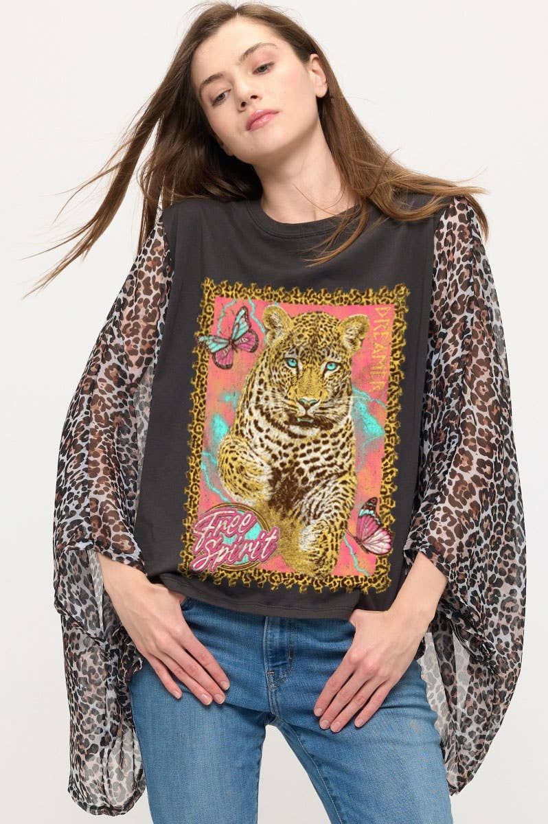 Free Spirit Dreamer Leopard Graphic Animal Print Kaftan Top, Color: BLACK, Size: M