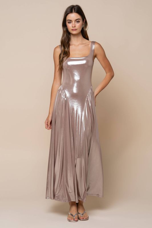 Metallic Hip Gathered Fit &amp; Flare Maxi Dress