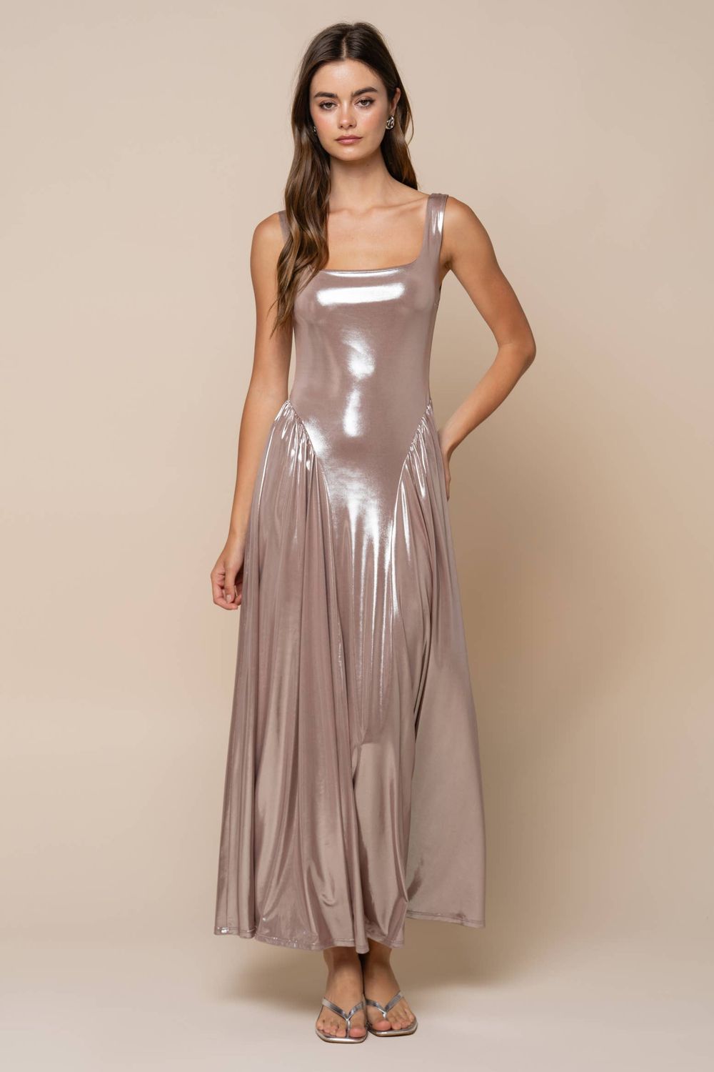 Metallic Hip Gathered Fit &amp; Flare Maxi Dress, Color: LT BROWN-SILVER FOIL, Size: M
