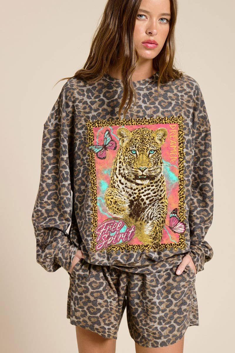 Free Spirit Dreamer Leopard Graphic French Terry Pullover, Color: LEOPARD, Size: L