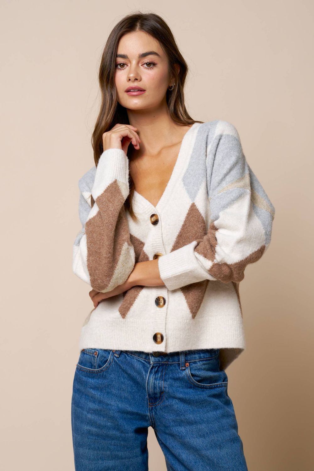 Argyle V-Neck Cardigan Sweater, Color: CREAM-HT GREY-BRICK, Size: L