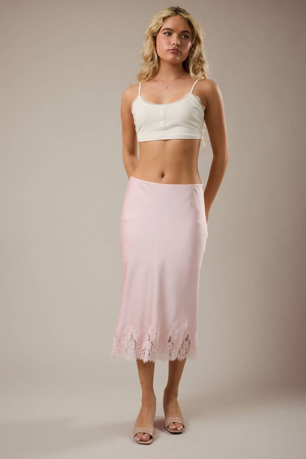 LACE TRIM BIAS CUT MIDI SKIRT, Color: Pink, Size: S