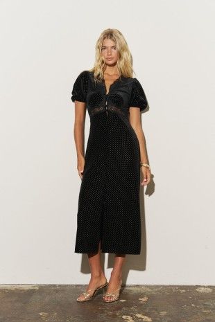 Polka Dot Velvet Lace Trim Puff Sleeve Midi Dress