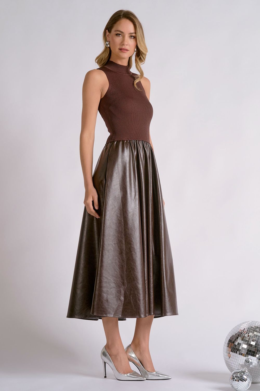 Brown Mock Leather Ribbed Dress