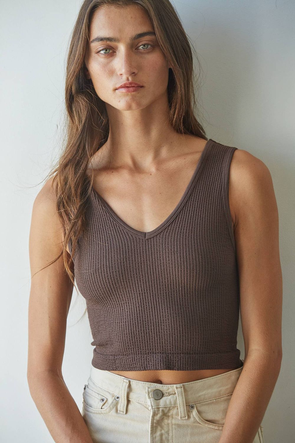 Seamless Sleeveless UV Neck Reversible Tank Top, Color: Coffee Bean, Size: SM