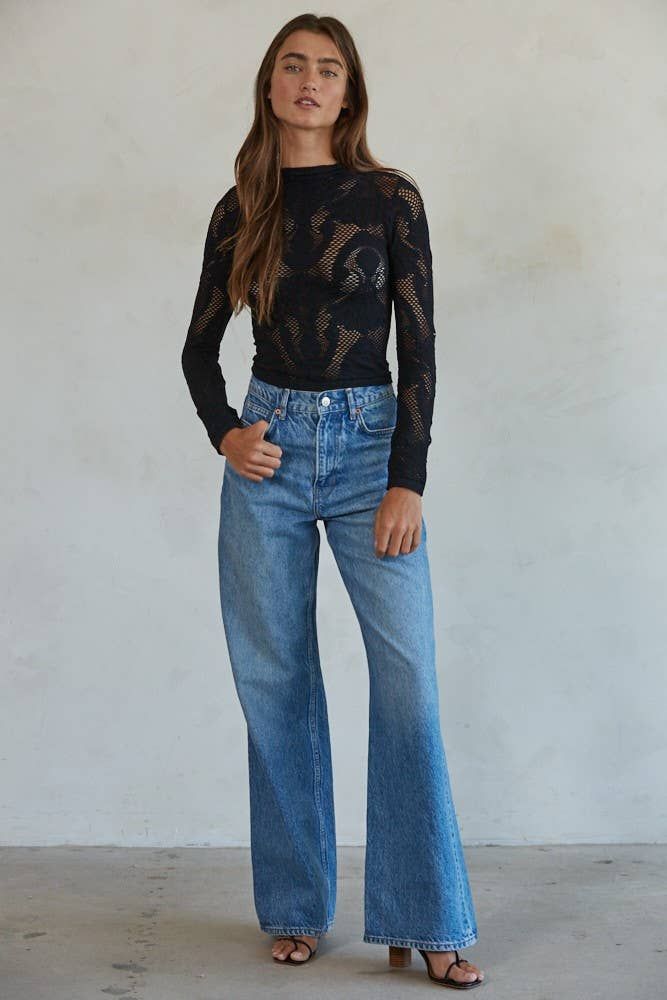 Knit Seamless Jacquard Mock Neck Long Sleeve Top, Color: Black, Size: ML