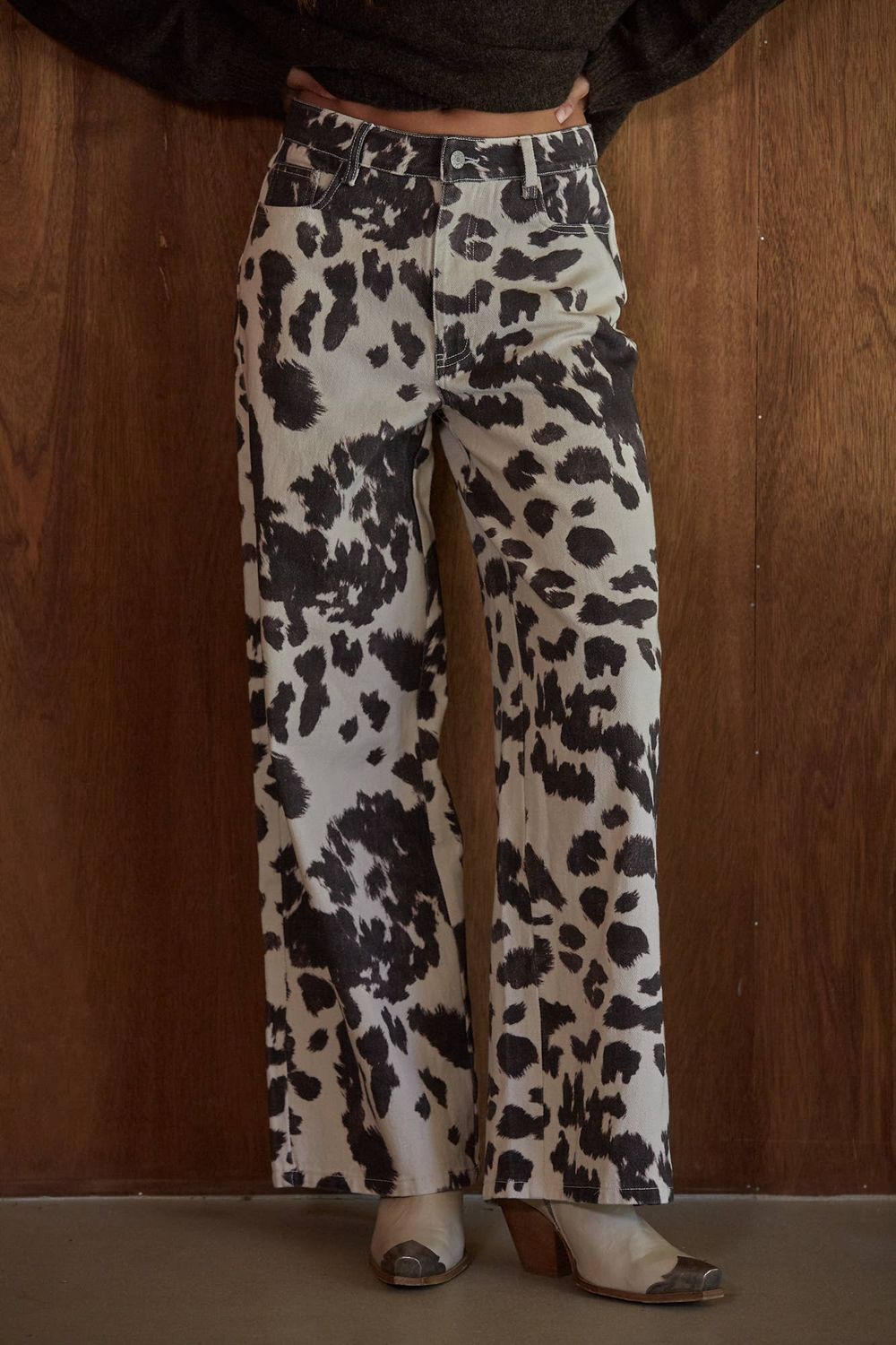 Woven Denim Cotton Animal Print Wide Leg Pants, Color: Cream Chocolate, Size: M