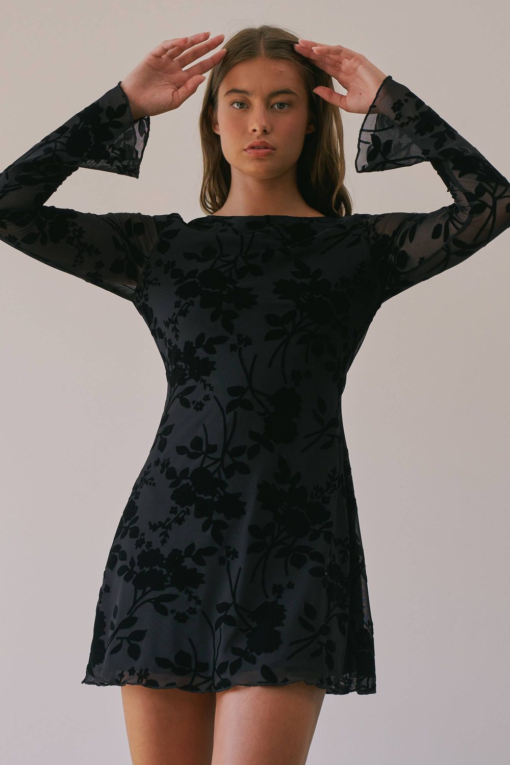 Floral Mesh Velvet Trim Long Sleeve Mini Dress, Color: BLACK, Size: S