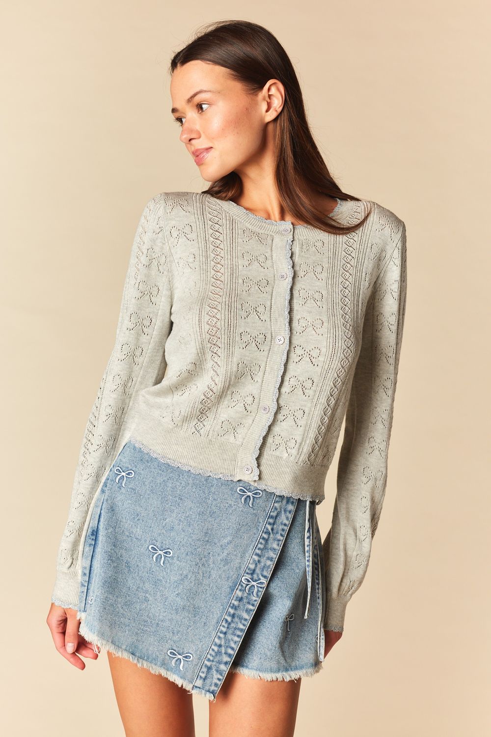 Bow Pointelle Cardigan With Lurex Edge