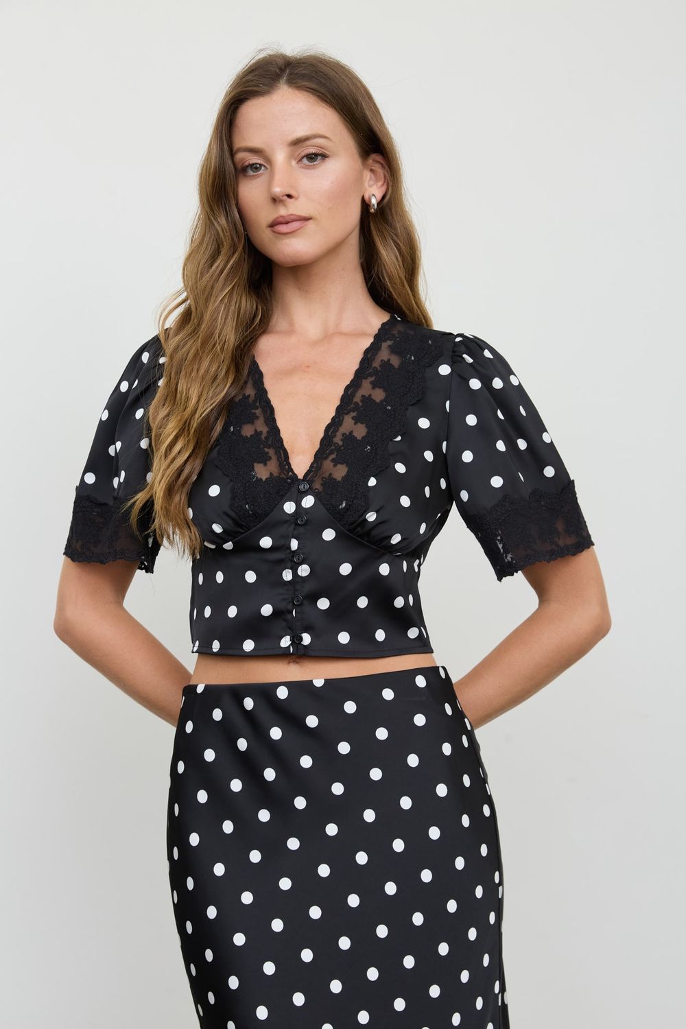 Polka Dot Satin V Neck Lace Trim Puff Sleeve Top
