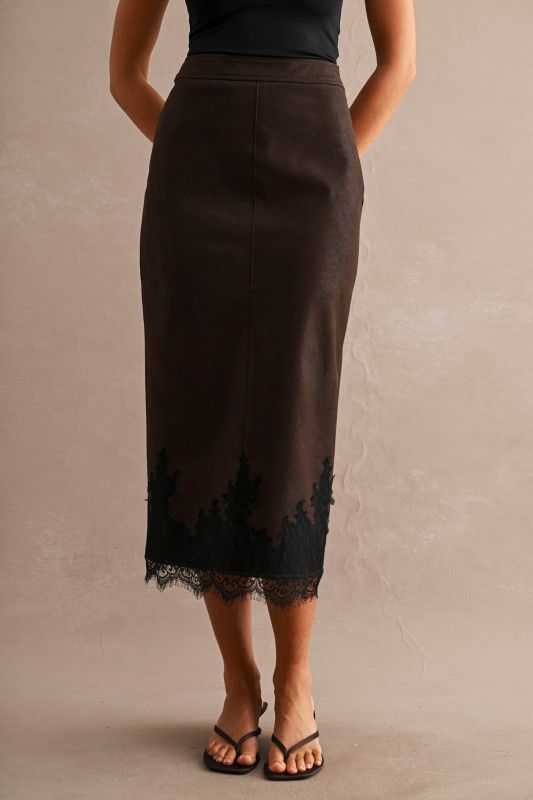 High-waisted Faux Leather Lace Trim Hem Midi Skirt
