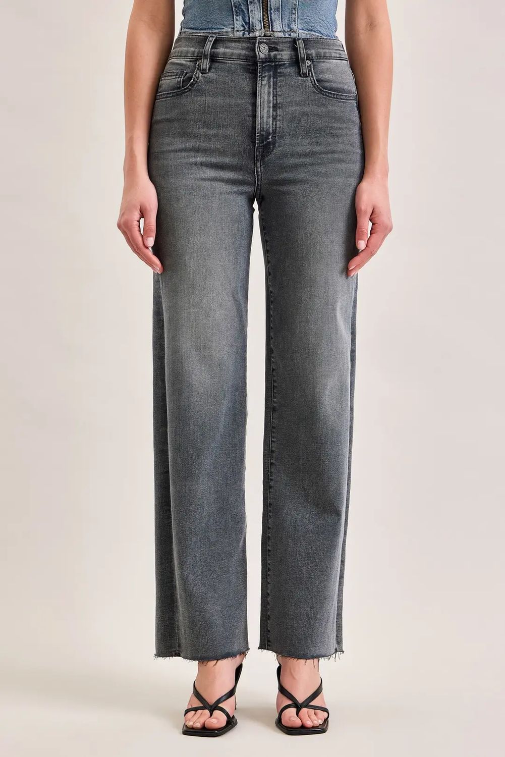 High Rise Grey Full Length Wide Leg Jeans