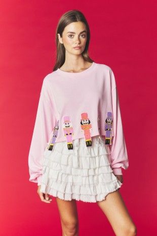 Pink Nutcracker Embroidery Appliques Sweatshirt