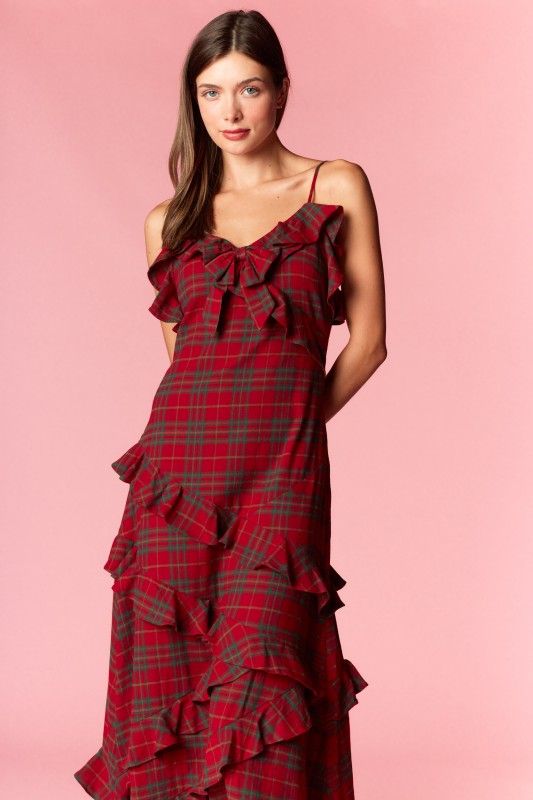 Holiday Plaid Ruffle Maxi Dress