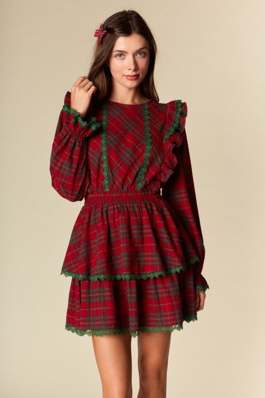 Plaid Ruffle Trim Dress