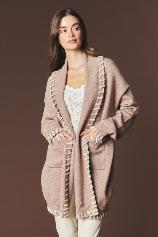 Blanket Stitch Open Front Knit Cardigan