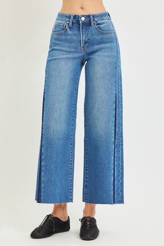 Tummy Control Mid Rise Cropped Wide Jeans Shadow Seam Wash