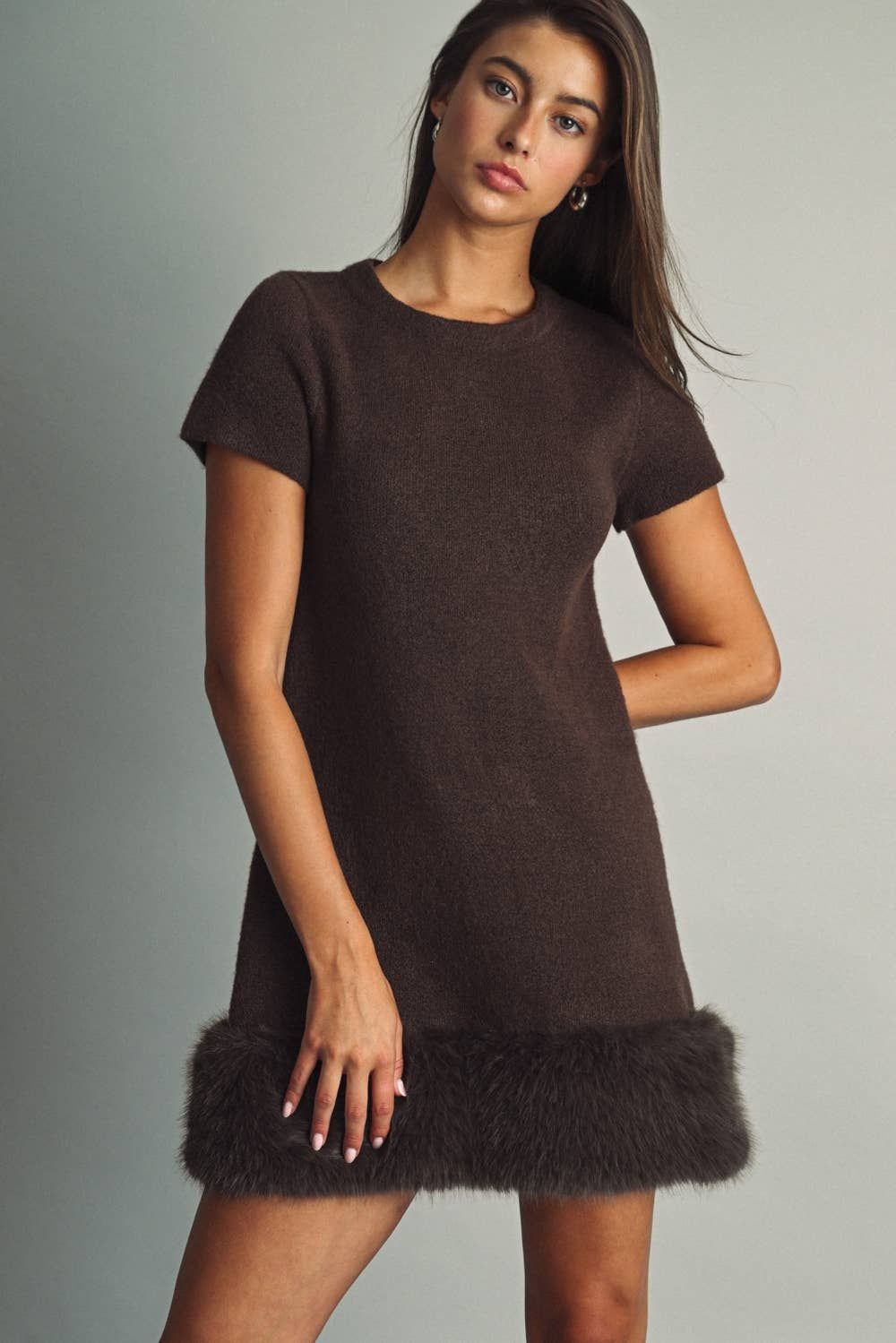 COZY FAUX-FUR TRIMMED  MINI DRESS, Color: BROWN, Size: M
