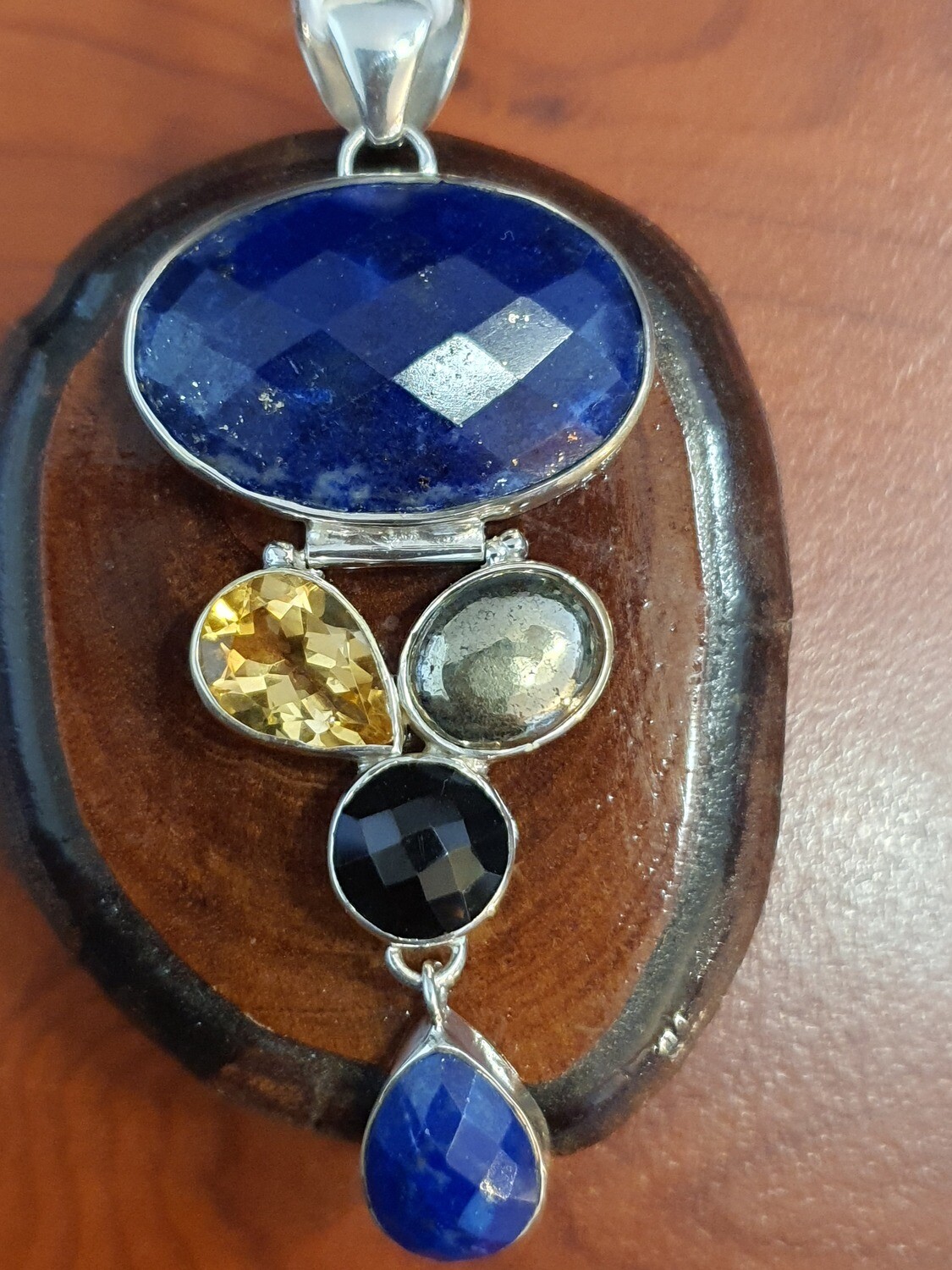 Lapis Lazuli, Citrine (heated), Pyrite and Smoky Quartz Pendant