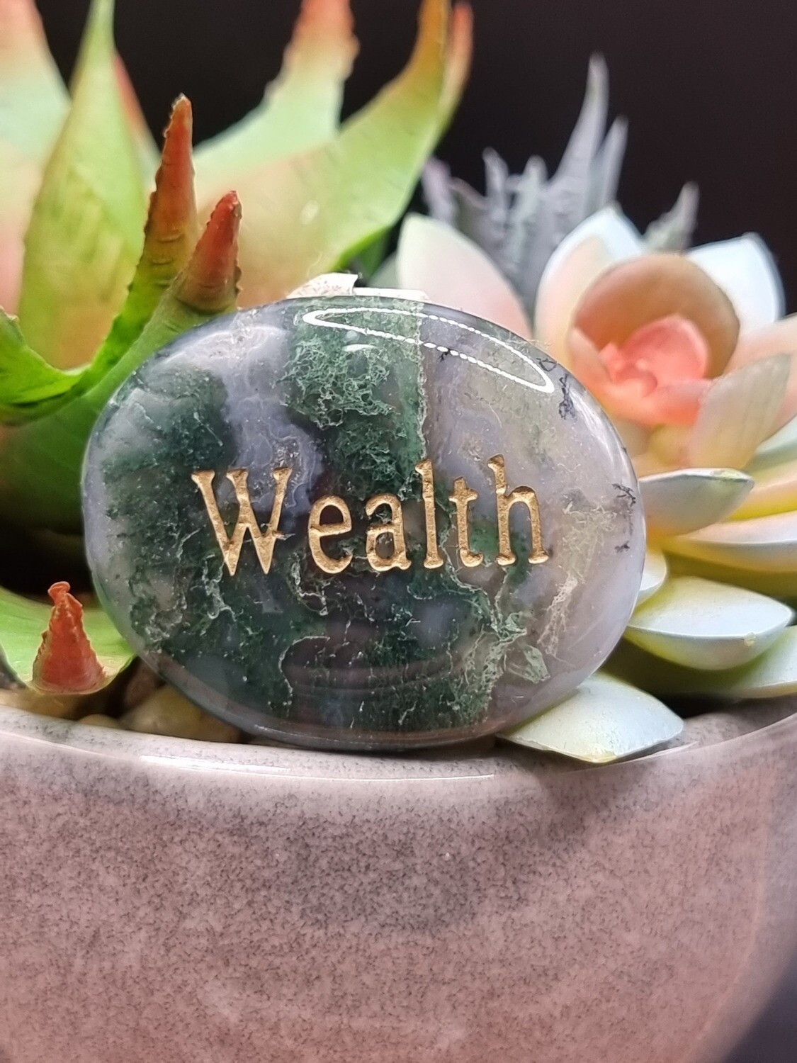 Moss Agate Wealth Word Stone