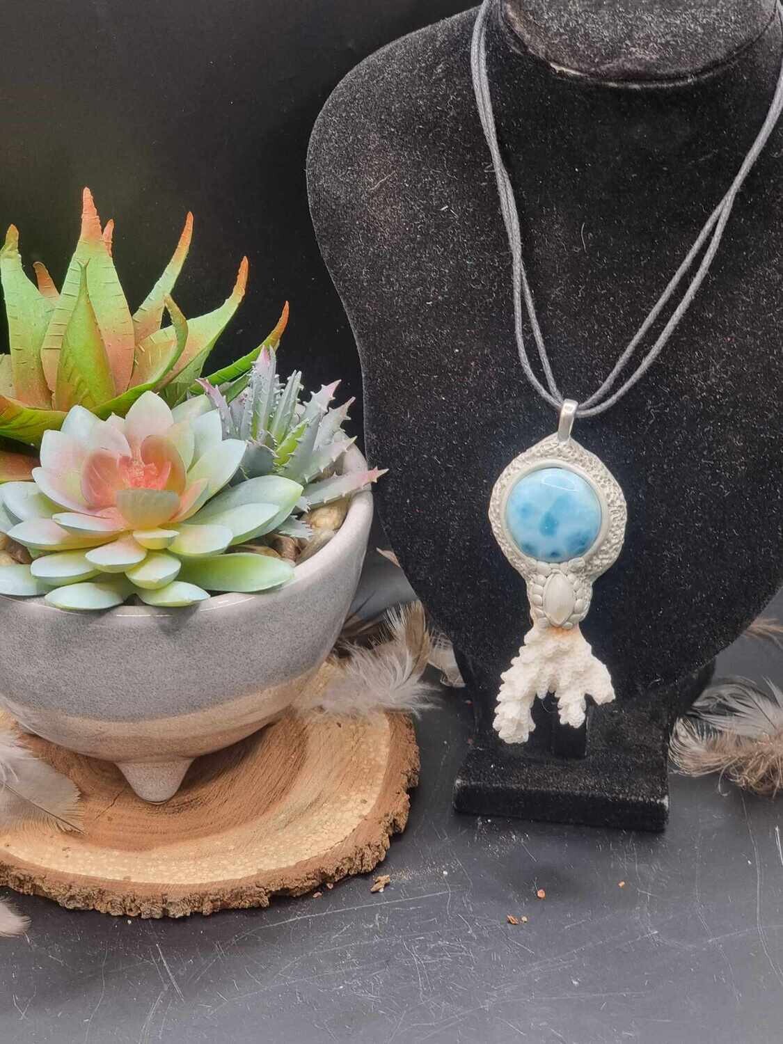 Larimar, Rainbow Moonstone and Coral Clay Pendant