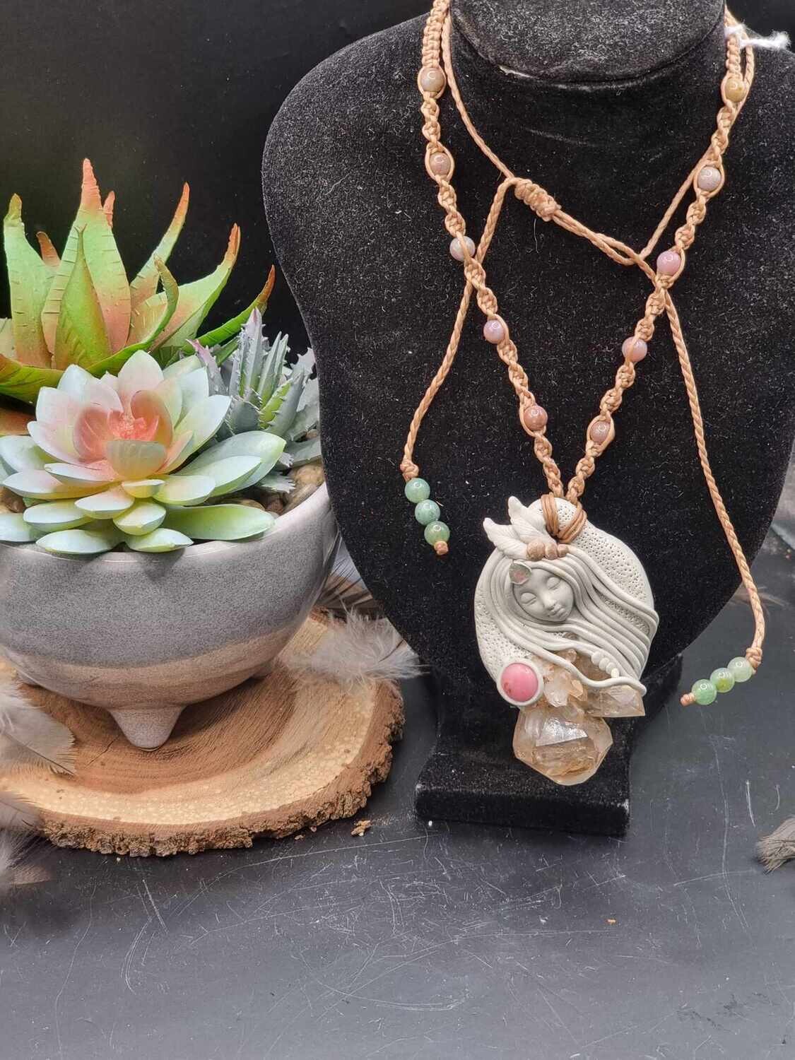Smoky Elestial, Rhodochrosite and Watermelon Tourmaline Clay Pendant