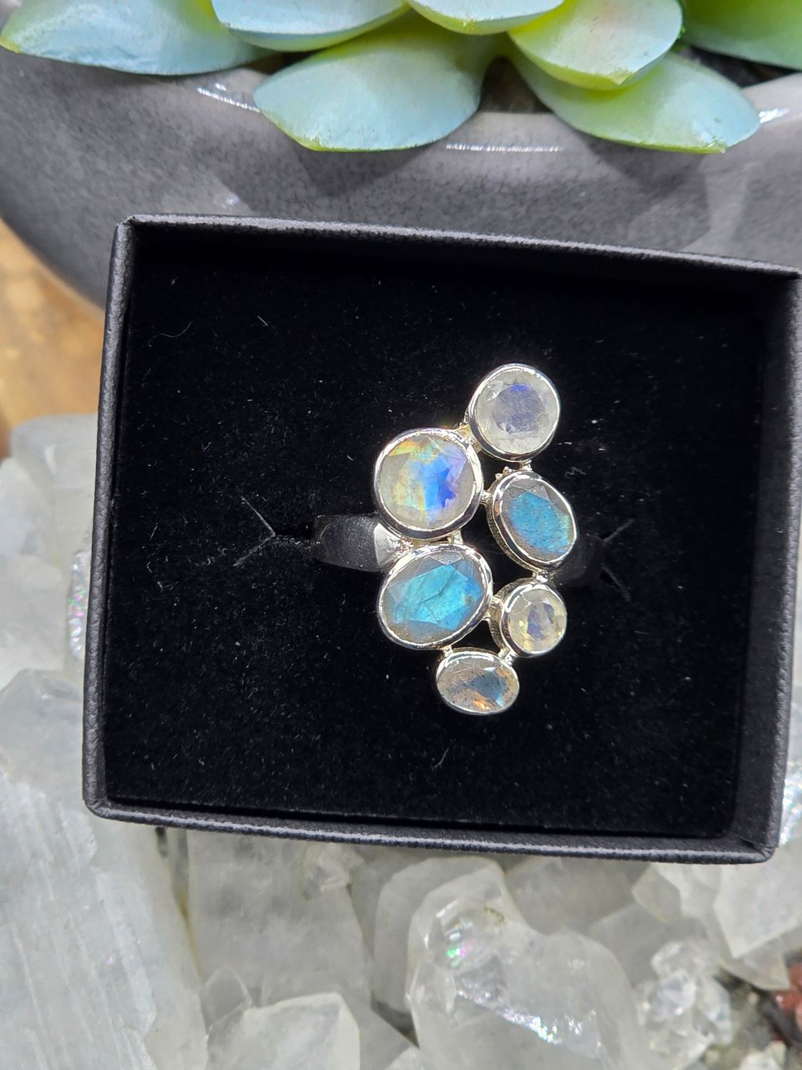 Faceted Rainbow Moonstone and Labradorite Ring