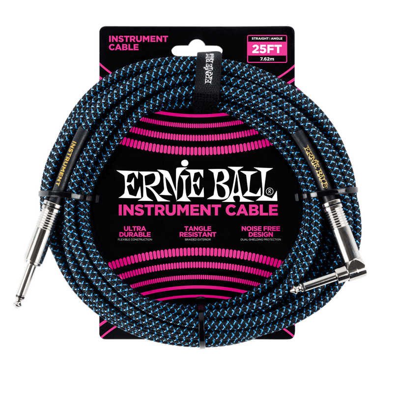 Ernie Ball Braided Instrument Cable Straight/Angle 25ft - Black/Blue
