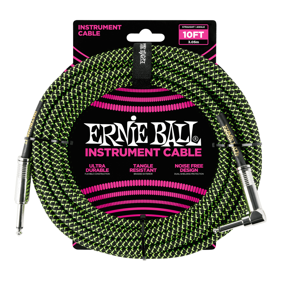 Ernie Ball Braided Instrument Cable Straight/Angle 10ft - Black/Green