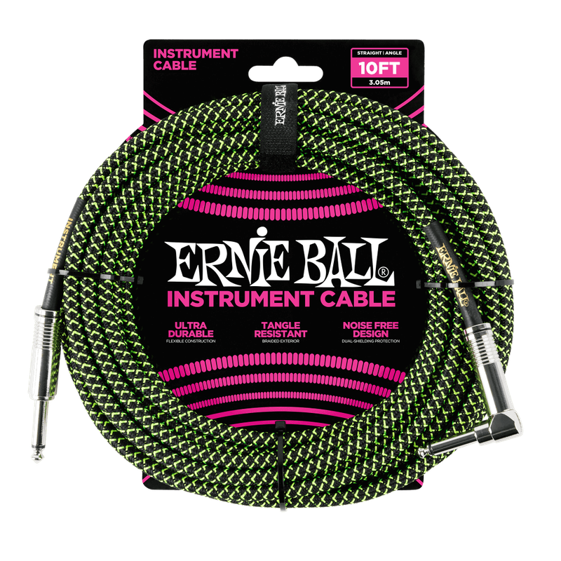 Ernie Ball Braided Instrument Cable Straight/Angle 10ft - Black/Green