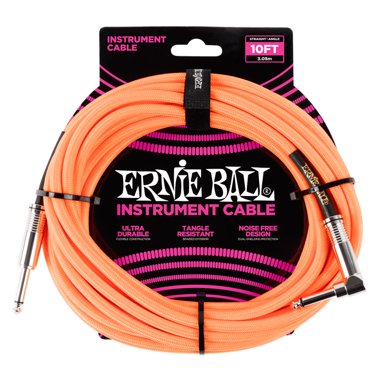 Ernie Ball Braided Instrument Cable Straight/Angle 10ft - Neon Orange