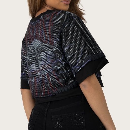 RHINESTONE MESH LAYERED CROP TEE