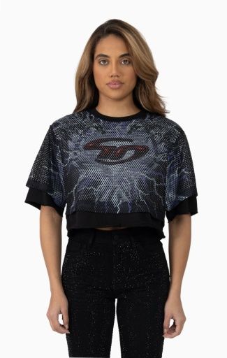RHINESTONE MESH LAYERED CROP TEE, Clothing Size: XS