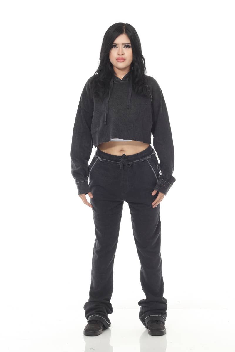 Cropped Black Garment Dyed Flared Sweatsuit