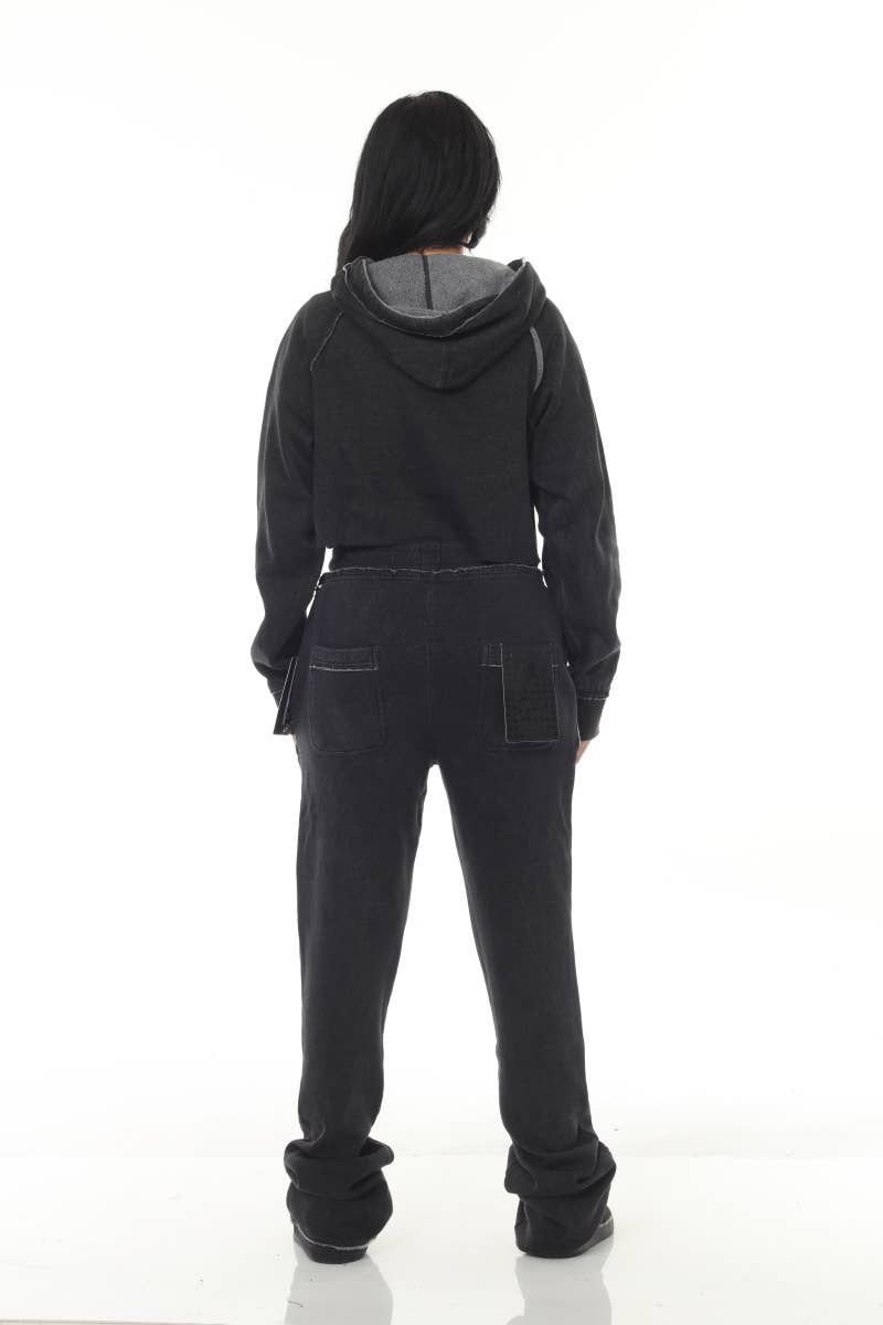 Cropped Black Garment Dyed Flared Sweatsuit