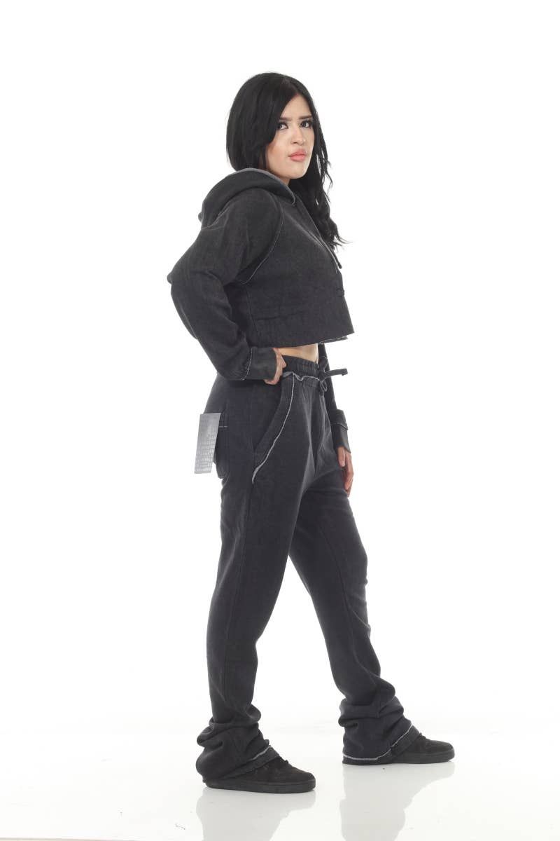 Cropped Black Garment Dyed Flared Sweatsuit