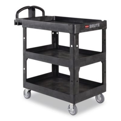 Rubbermaid® Commercial BRUTE 3-Shelf Heavy-Duty Ergo Lipped Utility Cart, Resin, 3 Shelves, 600 lb Capacity, 25.24 Rubbermaid® Commercial BRUTE 3-Shelf Heavy-Duty Ergo Lipped Utility Cart, Resin, 3 Shelves, 600 lb Capacity, 25.24" x 44" x 47", Black