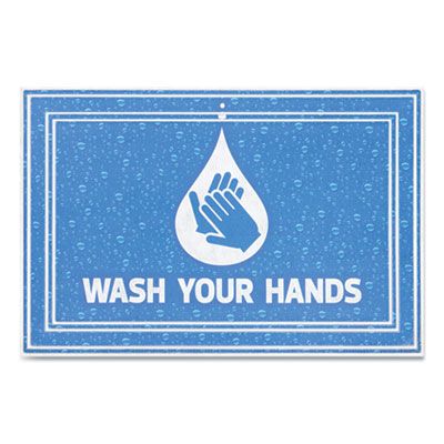 Apache Mills® Social Distancing Message Mats, White Printed Message: Wash Hands, 36" x 24", Blue Surface
