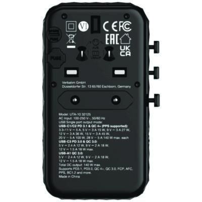 Verbatim® UTA-10 GaN III Universal Travel Adapter, (3) USB-A/(3) USB-C
