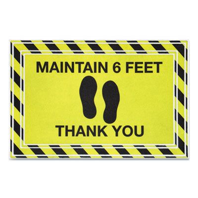 Apache Mills® Social Distancing Message Mats, Black Printed Message: Maintain Six Feet - Thank You, 36" x 24", Yellow Surface