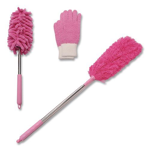 Dusting Set, Feather Duster, Dusting Wand, 2 Gloves, Pink Dusting Set, Feather Duster, Dusting Wand, 2 Gloves, Pink