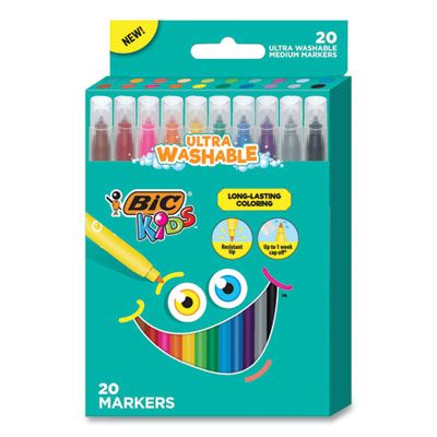 BIC® Kids Ultra Washable Markers, Medium Bullet Tip, Assorted Colors, 20/Pack