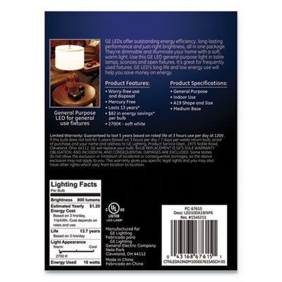 GE LED SW A19 Dimmable Light Bulb, 10 W, Soft White, 4/Pack