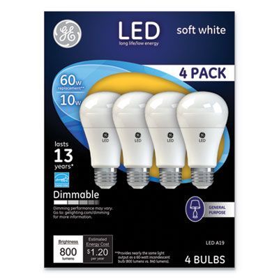 GE LED SW A19 Dimmable Light Bulb, 10 W, Soft White, 4/Pack