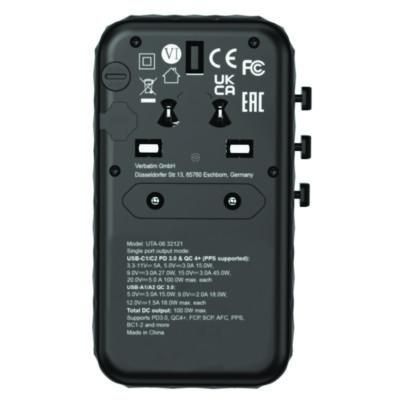Verbatim® UTA-06 Gan III Universal Travel Adapter, (2) USB-A/(2) USB-C/Quick Charge 4+