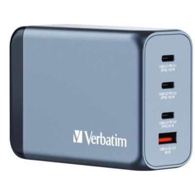 Verbatim® 200 W 4-Port GaN Wall Charger, Black/Gray