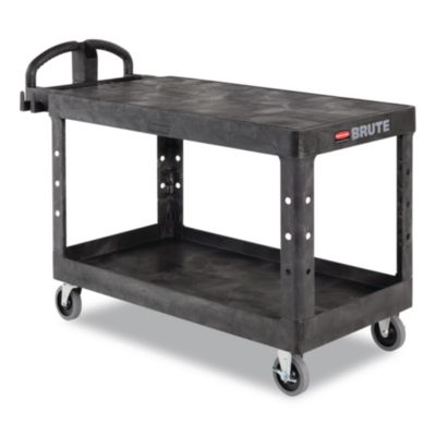 Rubbermaid® Commercial Heavy-Duty Utility Cart with Flat Shelves, Plastic, 2 Shelves, 500 lb Capacity, 25.25