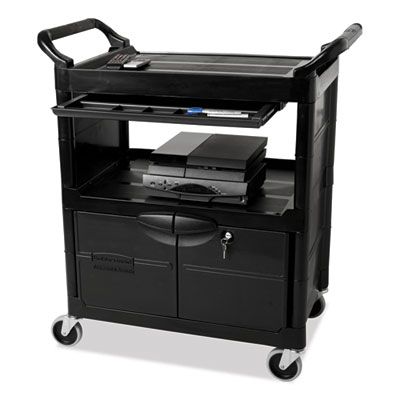 Rubbermaid® Commercial Utility Cart with Locking Doors, Plastic, 3 Shelves, 200 lb Capacity, 33.63