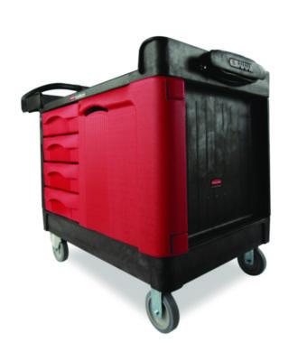 Rubbermaid® Commercial TradeMaster Cart with One Door, Plastic, 3 Shelves, 4 Drawers, 750 lb Capacity, 26.25